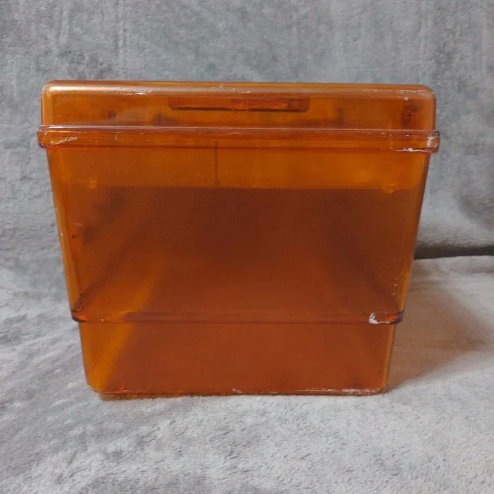 Vtg Wil-Hold Amber Orange Translucent Plastic Sewing Box MCM Case Gold Floral